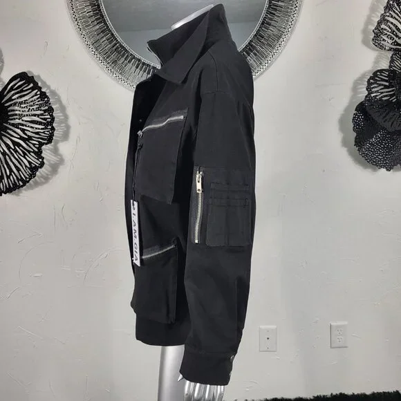 NWT~$295~I AM GIA~S/M~BLACK MILITARY UTILITY CARGO DENIM JEAN JACKET COAT - Picture 12 of 16